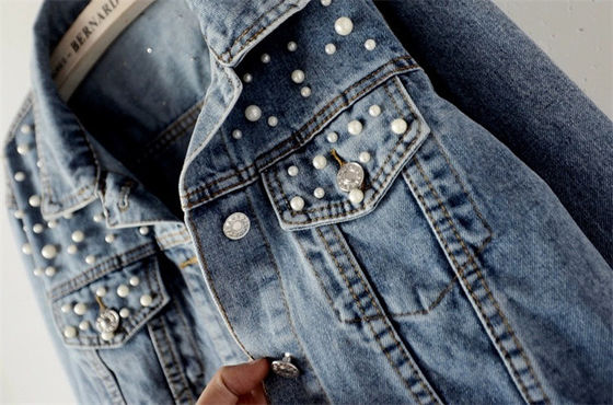 Casual Embroidery Denim Jackets Lady Blouse Mandarin Collar Jacket