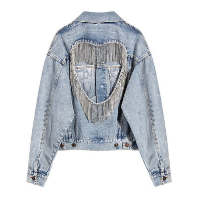 Rhinestone Embroidery Denim Jackets Hollowed Ladies Oversized Jacket